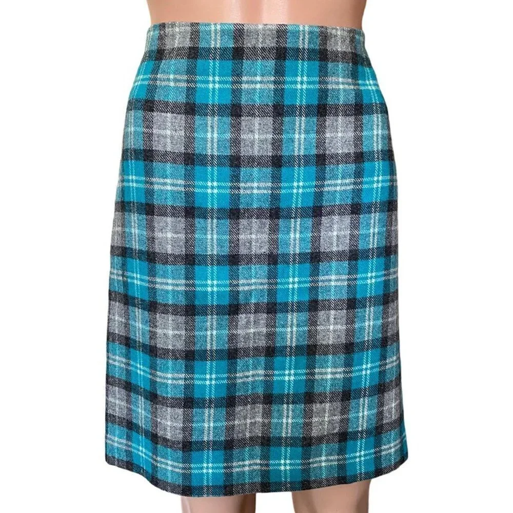 Talbots Plaid Wool Skirt Teal Blue/Grey‎ Size 10P